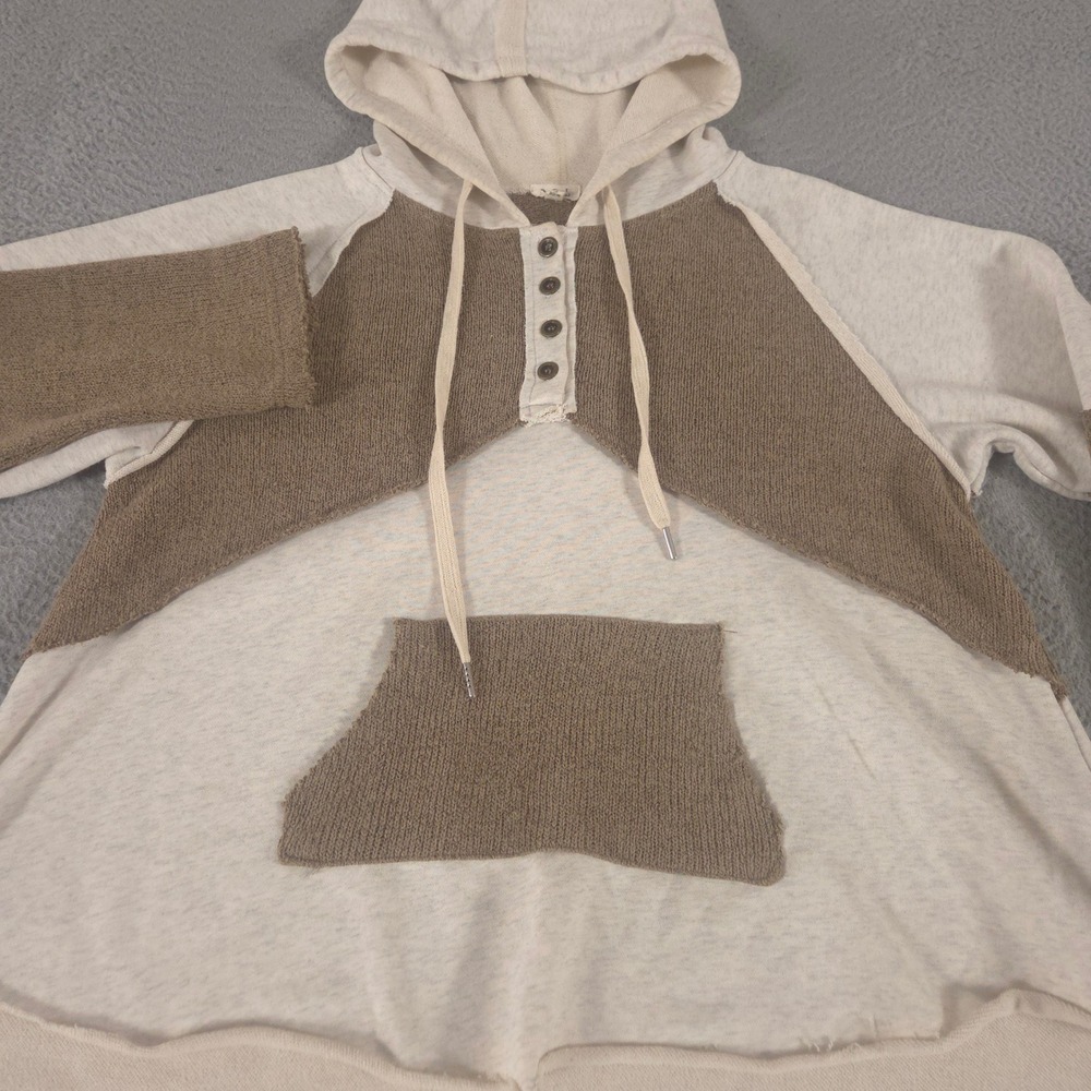 POL Hoodie Womens Small Tan Cream Boho Patchwork Colorblock Henley French Terry